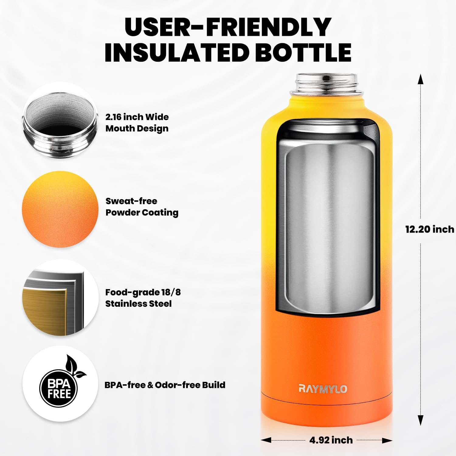 Skiennix Insulated Water Bottle - 87 Oz Triple Wall Vacuum Stainless Steel | Cold for 48 Hrs, Leak Proof, Ombre Orange