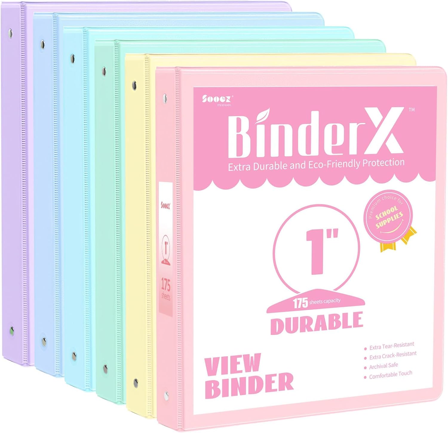 Sooez 1" Three Ring Binders - Extra Durable 6 Pack with Customizable Clear View Cover | Pastel Colors for 8.5 x 11 Papers