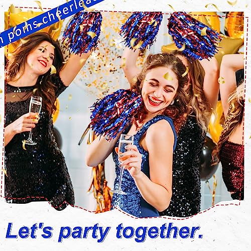 Cheerleading Pom Poms Bulk - Metallic Foil 100pcs with Handles - Red & Blue