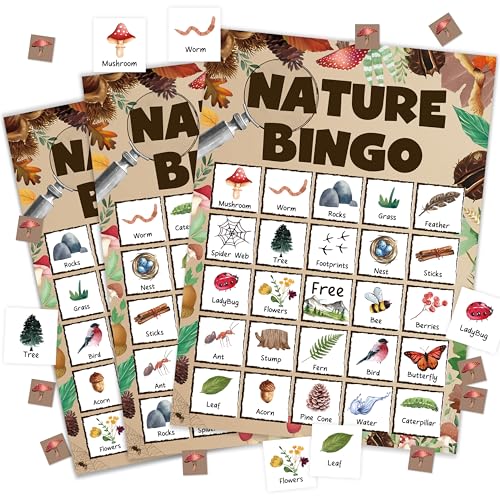 Nature Bingo Game Cards for Adults - Brown Natural Theme, 24 Player Set