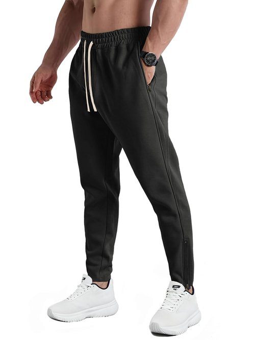 PLEPAN Mens Jogger Sweatpants Slim Fit Workout Pants for Gym Bodybuilding Training with Zipper Pockets Black L