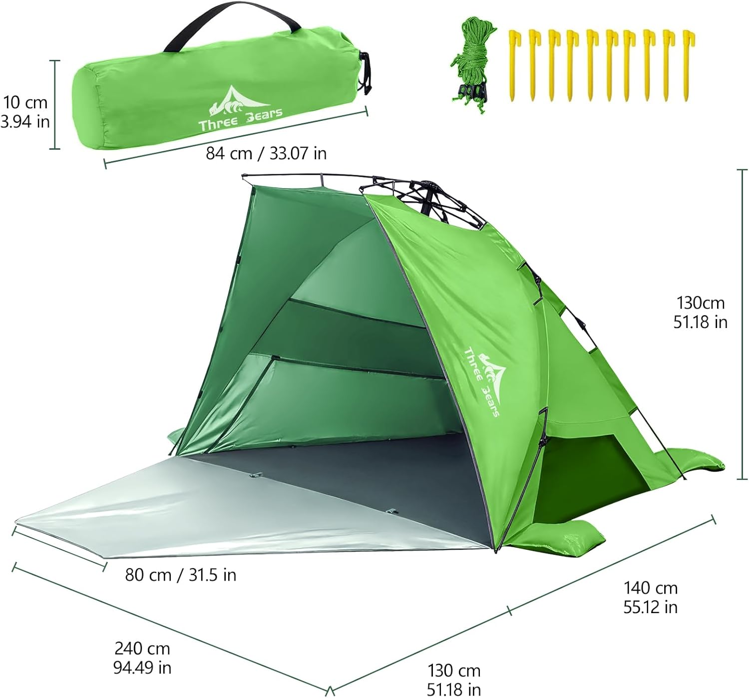 Three Bears Pop Up Beach Tent - Lightweight UV Protection Shelter for 3-4 People | Easy Setup, Green