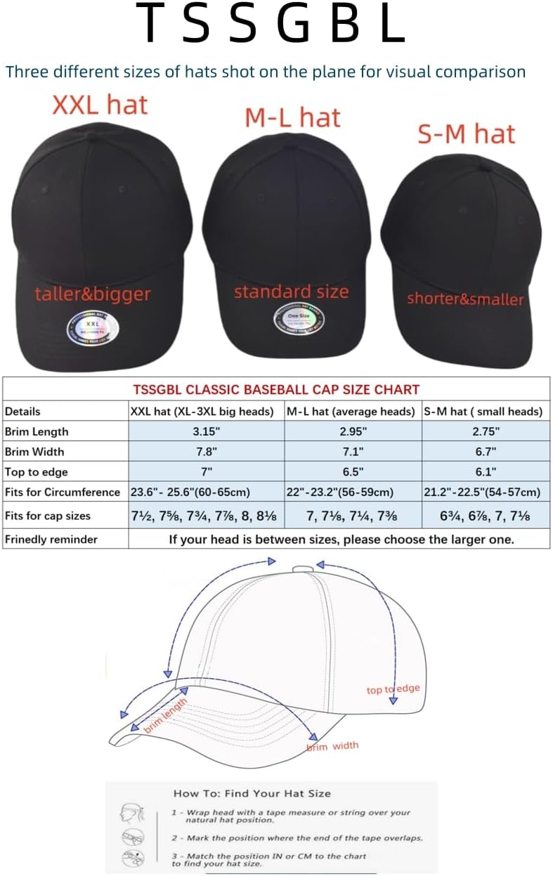 TSSGBL Classic Plain Baseball Cap, Small/M-L/XL-3XL Big Head Fit, Unisex Adjustable Cotton Structured Golf Dad Hat