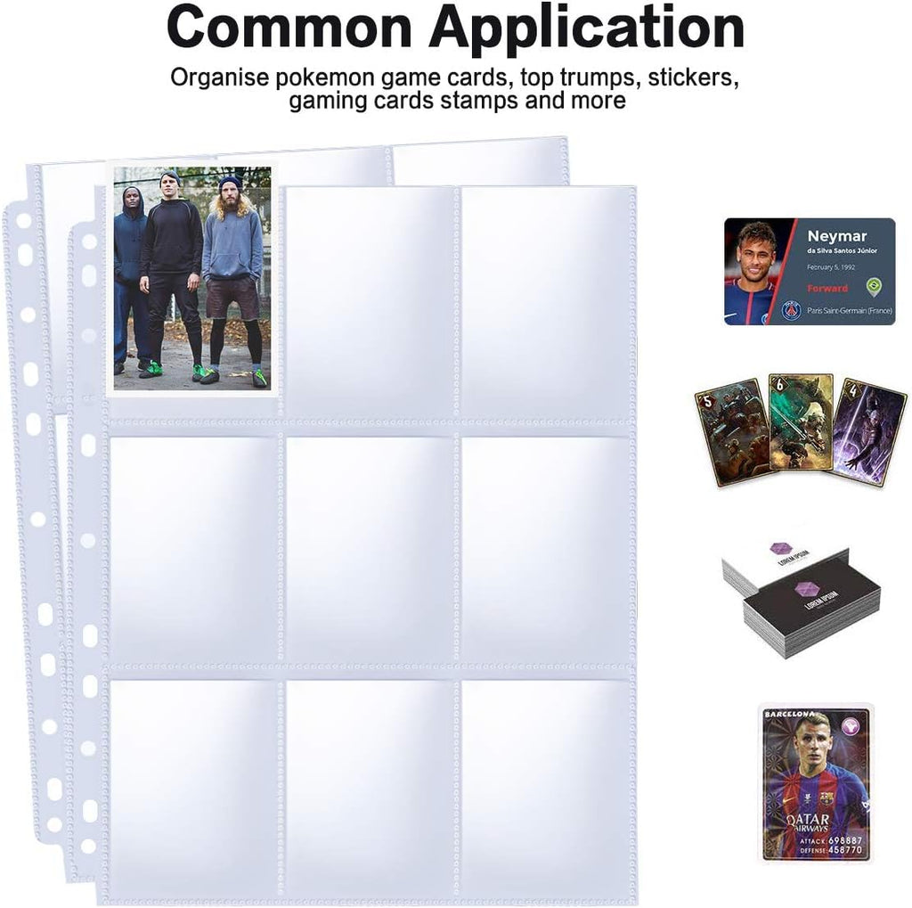 PANDRI 100 Pack Trading Card Sleeve Pages - 9 Pocket Storage for 3 Ring Binders | Durable & Clear