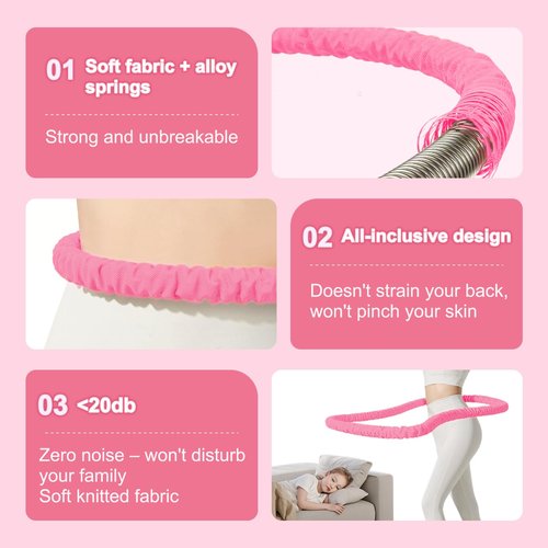 3.2lbs Soft Spring Weighted Hoop for Adults, Portable Core Workout Fitness Hoop, Quiet & Pinch-Proof Design for Effective Exercise (Light Pink)