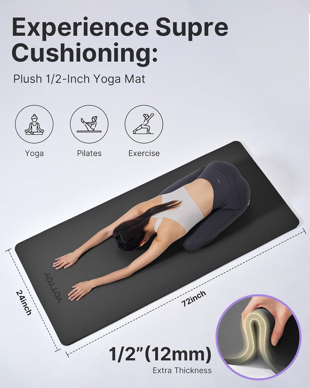 YOTTOY Extra Thick Yoga Mat - 1/2 Inch Non-Slip TPE Exercise Mat for Home Gym & Pilates