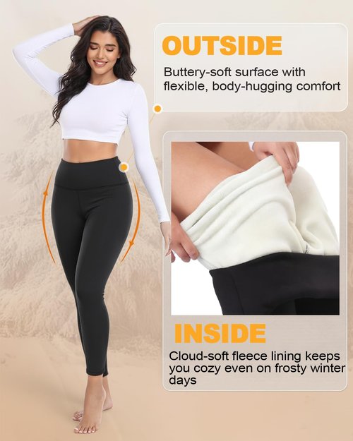 Fleece Lined Leggings Women Black - Thermal Pants High Waist Tummy Control, Squat Proof Thick Warm Yoga Tights