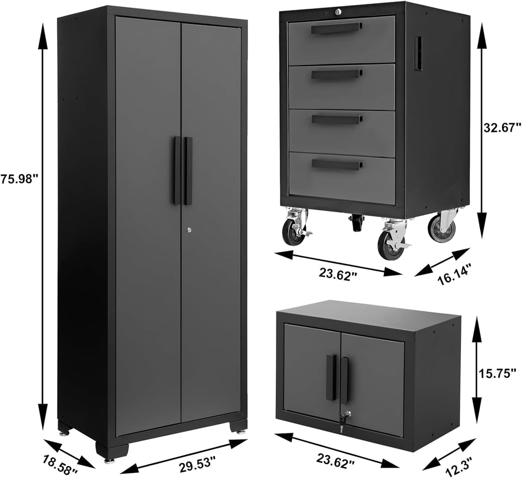 Torin Garage Storage Cabinet Set - 6-Piece Tool Organizer with Lockers & Wood Workbench | Black/Grey, 76.8" L x 18.5" W x 75.79" H