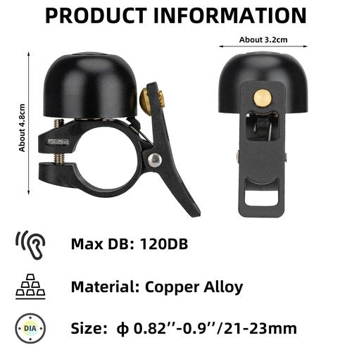 ROCKBROS Bike Bell, Copper Alloy Bike Bell, Loud Sound Classic Bike Ring Bell for Adults, for 0.82’’-0.9’’/21-23mm Handlebar Diameter