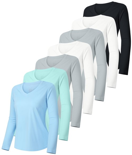 7 Pack Womens Long Sleeve Athletic Shirts UV Sun Protection UPF 50+ Quick Dry Workout Running Tops V Neck SetC XL