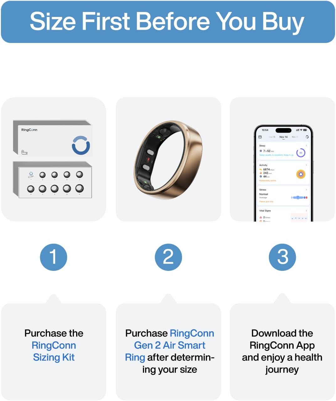 RingConn Gen 2 Air - Ultra-Thin AI Smart Ring with 10-Day Battery Life | Fitness, Sleep, Stress & HR Tracker for All (Size 6, Dune Gold)