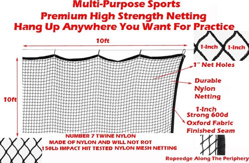10FT x 10FT Strong Durable Heavy Duty Frequent Use Sports Barrier Net with Around Finished Seam Hitting Practice Nylon Netting High Impact Indoor Outdoor for Golf Baseball Hockey Soccer