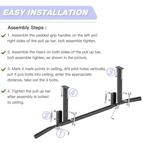 ATENTO Multifunctional Pull Up Bar for Ceiling Mount or Beam Mount, Optimum Grip Spacing , Workout for Home Gym, Beam, Crossfit, Maximum Weight 500 Lbs