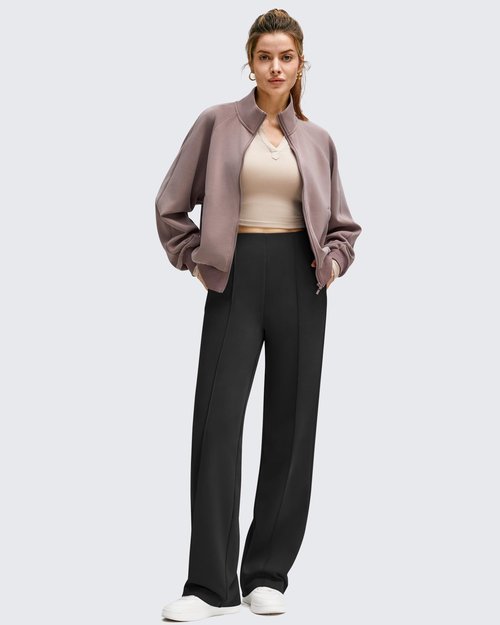 G4Free Women's Fleece Lined Wide Leg Pants Hidden Waist Front Seam Thermal Trousers with Pockets (Black,M,29")