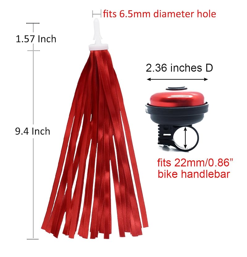 Red Bicycle Bell with Red Tassel Streamers - 22mm Handlebar, 9.4in Tassels
