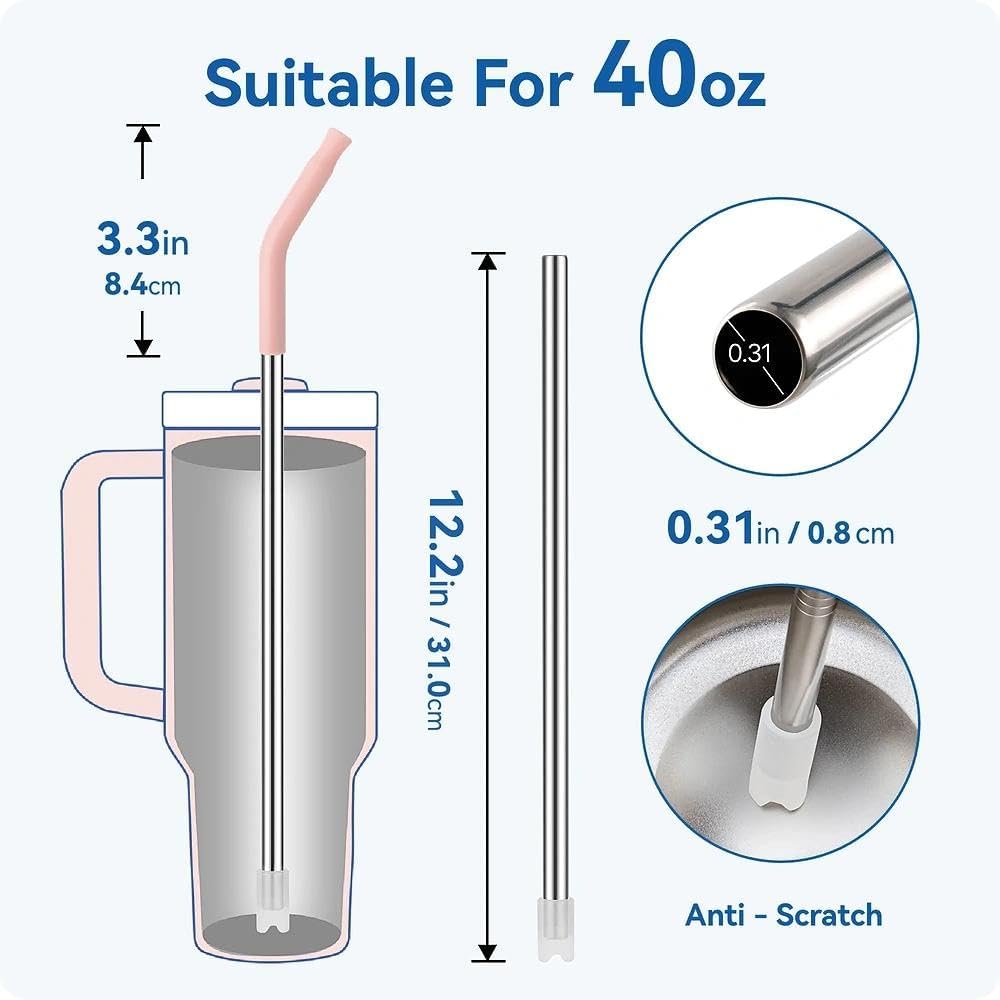 Skiennix Straight Metal Straws - 3 Pack Reusable Stainless Steel Drinking Straws with Silicone Tips | Fits 40 Oz Stanley Tumbler, BPA Free (Black)