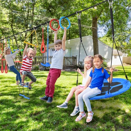 Ninja Warrior Obstacle Course for Kids - 65 ft with Saucer Tree Swing - Blue