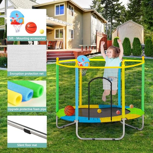 Juoe 55-Inch Kids Trampoline with Safety Enclosure & Accessories, Blue-Yellow-Green