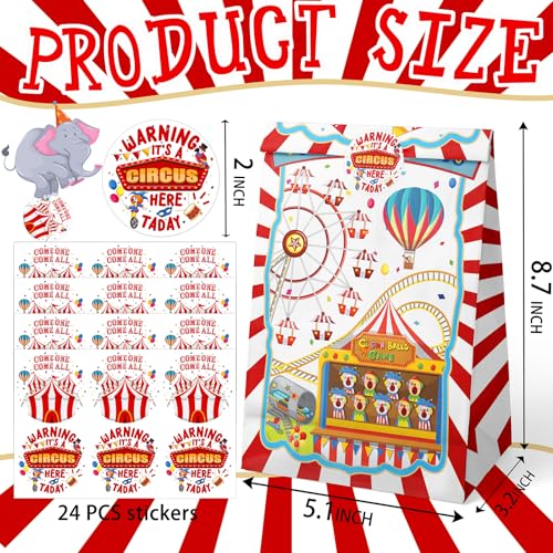 Circus Party Favor Bags - 24 Watercolor Carnival Gift Bags with Stickers