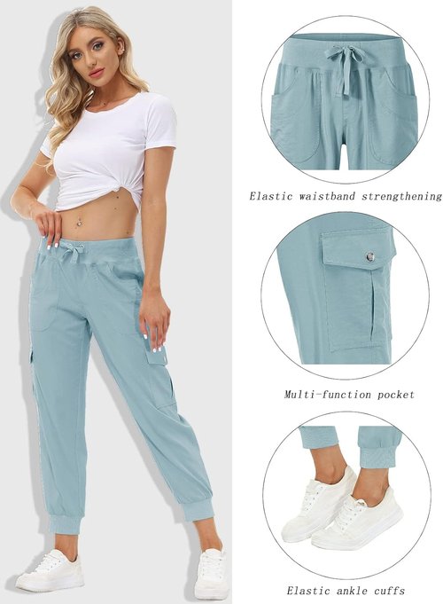 MoFiz Women's Hiking Cargo Pants - Lightweight Quick-Dry Travel Joggers with Elastic Waist & Pockets