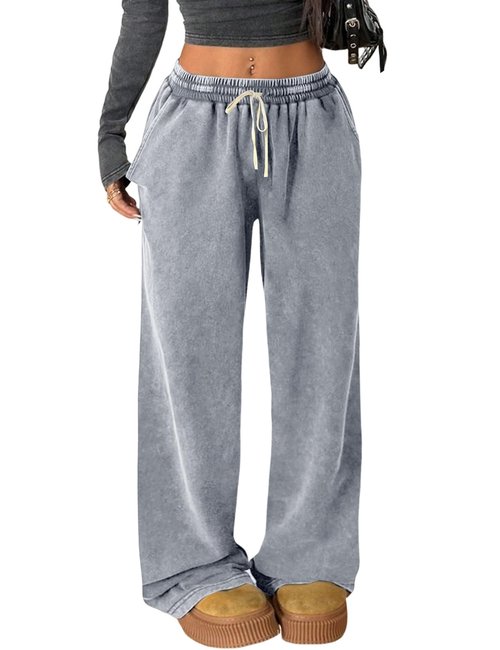 Arssm Baggy Sweatpants for Women Wide Leg Pants Vintage Cotton Acid Wash Drawstring Joggers with Pockets(Grey-M)