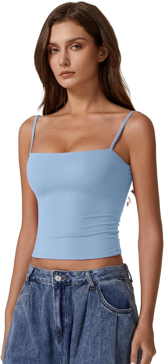 QINSEN Women's Adjustable Spaghetti Strap Tank Top - Double Lined Sleeveless Camisole Shirt