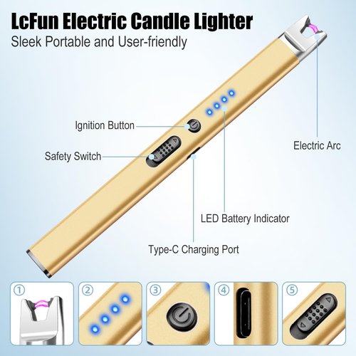 LcFun Electric Candle Lighter - USB Rechargeable Plasma Arc with Safety Lock | 3 Pack in Black, Silver, Gold