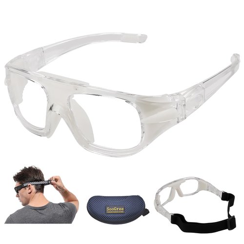 SooGree Sport Goggles Glasses Squash & Racquetball Goggles Basketball Glasses Adjustable Strap Resistant Impact (8043 Clear Frame White Pad)