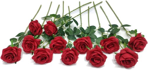 Laelfe Artificial Red Roses - 12 Pcs Long Stem Silk Flowers for Home & Wedding Decor | Vibrant Red
