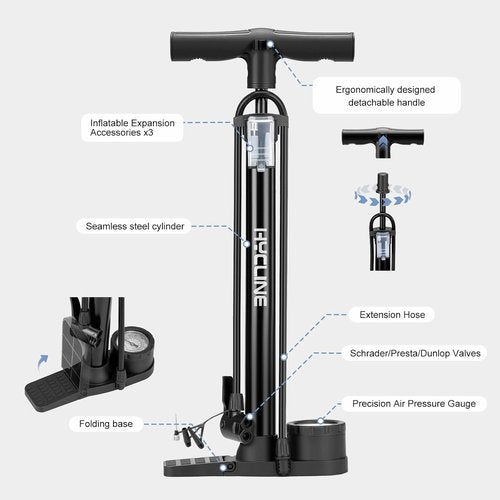 Hycline Bike Pump - 160 PSI High-Pressure Bicycle Floor Pump with Gauge & Dual Valves for All Tires