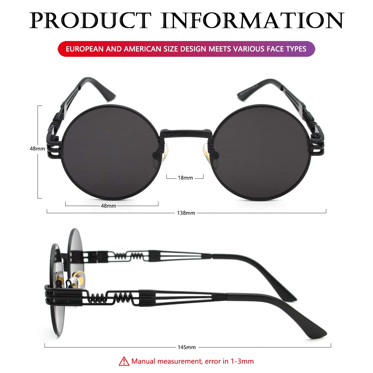 AIEYEZO Round Steampunk Sunglasses for Men Women Retro Circle Hippie Glasses Metal Frame 100% UV Blocking Lens (Black/Grey)