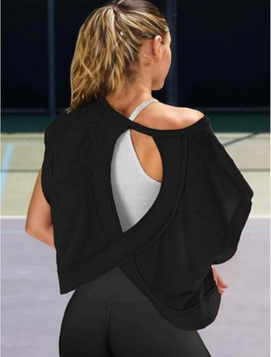 Skiennix Women's Open Back Yoga Tops - Short Sleeve Slouchy Crop Tees for Athletic Workouts | Casual Backless Design