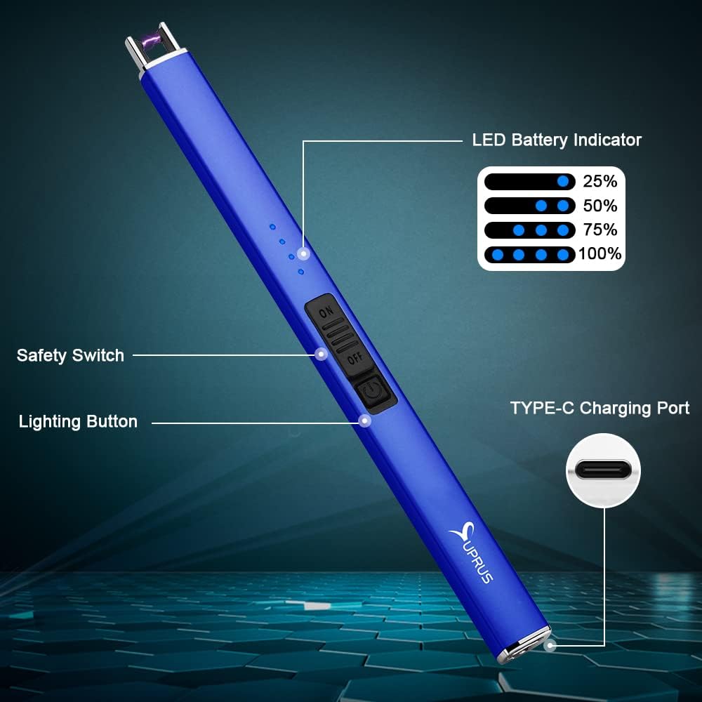 SUPRUS Electric Lighter - Windproof Flameless USB Rechargeable with Safety Lock | Dark Blue for Candles & BBQs
