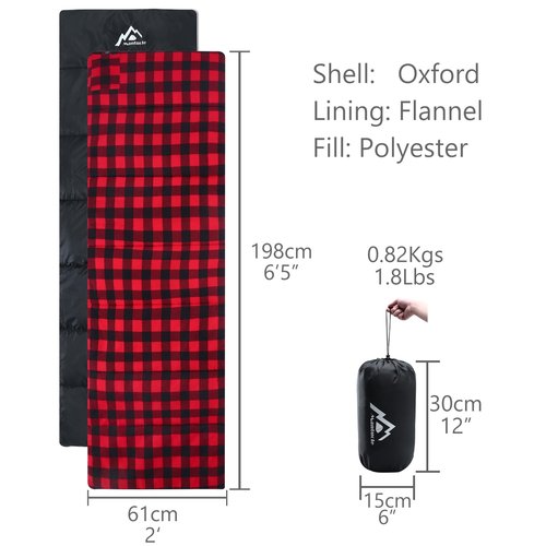 MANTUOLE Heated Sleeping Bag pad, 5 Heating Zones, Operated by 5V/2A USB Power Supply (Battery NOT Included). Black & Red Flannel