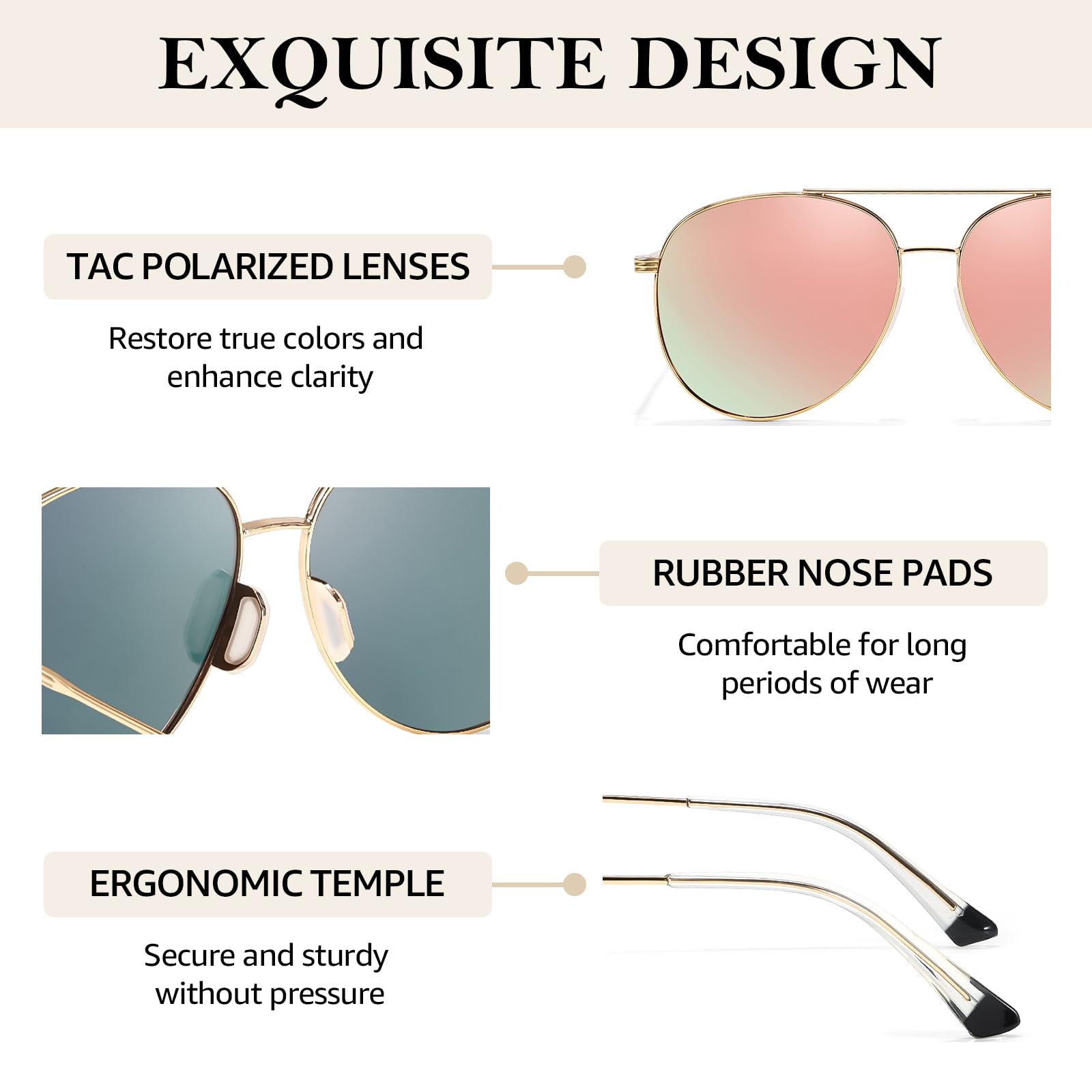 TJUTR Tangle Free Aviator Sunglasses for Women & Men, Polarized UV Protection Trendy Shades, No-Snag Metal Frame Glasses