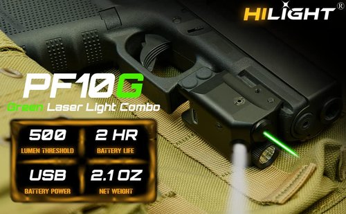HiLight - Tactical PF10G - 500 Lumens Strobe Flashlight with Path/Stair Illumination Light & Single (Green) Laser with Rechargeable USB Battery - Rail Mount Light & Precision Laser Class of IIIA, <5mW