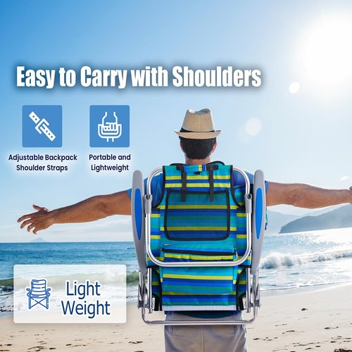 Canpsky Portable Recliners Chair for Adults, Outdoor Camping Chair Lay Flat Folding Backpack Reclining Chair with 5 Positions, Headrest, Zipper Pouch, Cup Holder, Multi Srtiped