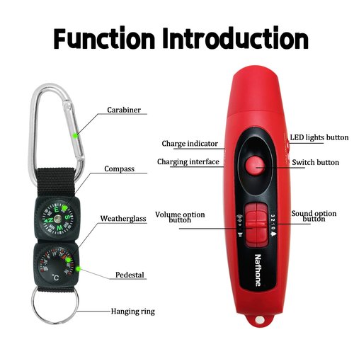 Rechargeable Bear Horn to Scare Bears, 125dB Electronic Air Horn with LED Flashlight & Compass & Thermometer, Electronic Whistle Bear Bells for Safety Hiking Camping Emergency Self Defense (Orange)