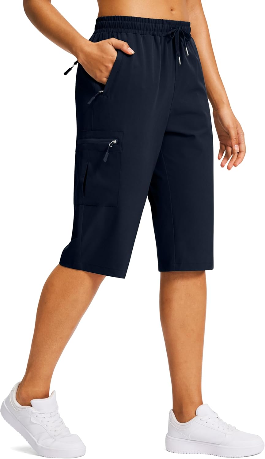 SANTINY Women's 15" Long Cargo Shorts - Lightweight, Quick-Dry Bermuda with 5 Zipper Pockets