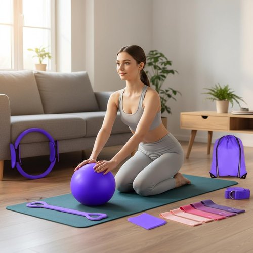 Hqyib Home Pilates Kit for Women, 13 PCS Pilates Equipment with 13.5" Pilates Ring Set, 9" Yoga Ball, Cooling Towel, 6 Pilates Resistance Bands for Stretching for Beginners(Purple)