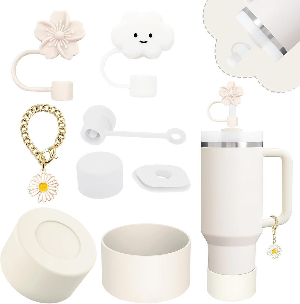 Stanley Cup Accessories Set - 2 Straw Covers, Silicone Spill-Proof Stopper & Flower Charm | Fits 40 & 30 Oz Tumblers (Cream)