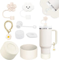 Stanley Cup Accessories Set - 2 Straw Covers, Silicone Spill-Proof Stopper & Flower Charm | Fits 40 & 30 Oz Tumblers (Cream)