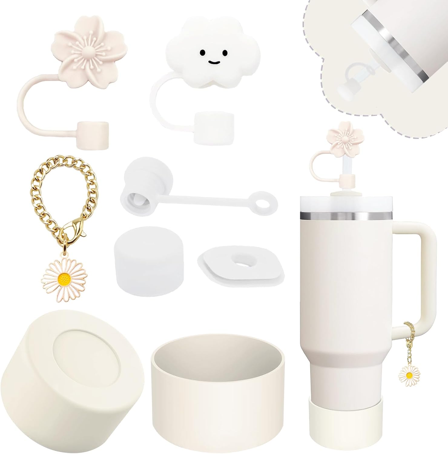 Stanley Cup Accessories Set - 2 Straw Covers, Silicone Spill-Proof Stopper & Flower Charm | Fits 40 & 30 Oz Tumblers (Cream)