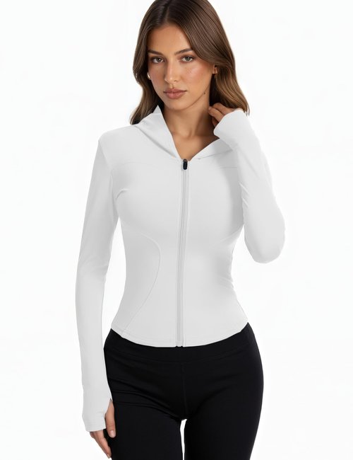 Beftwo Athletic Jacket Women with Hood Bbl Workout Full Zip-Up Yoga Gym Running Crop Jackets Sport Track Long-Sleeve Tops with Thumb Holes