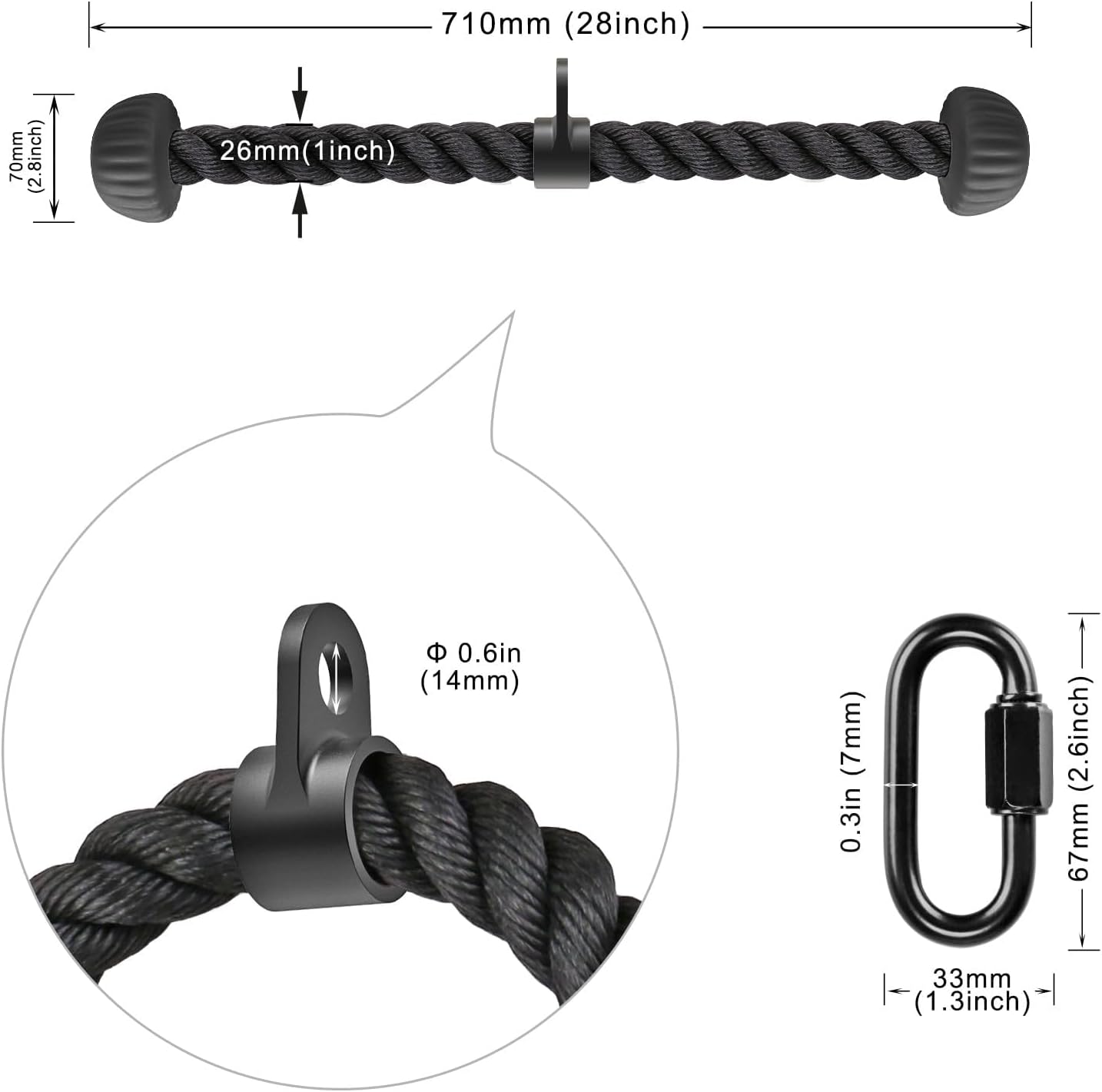 SELEWARE Triceps Rope - Non-Slip Soft Rubber Ends for Home Gym | 28 & 36 Inch LAT Pulldown Attachment in Black and Orange