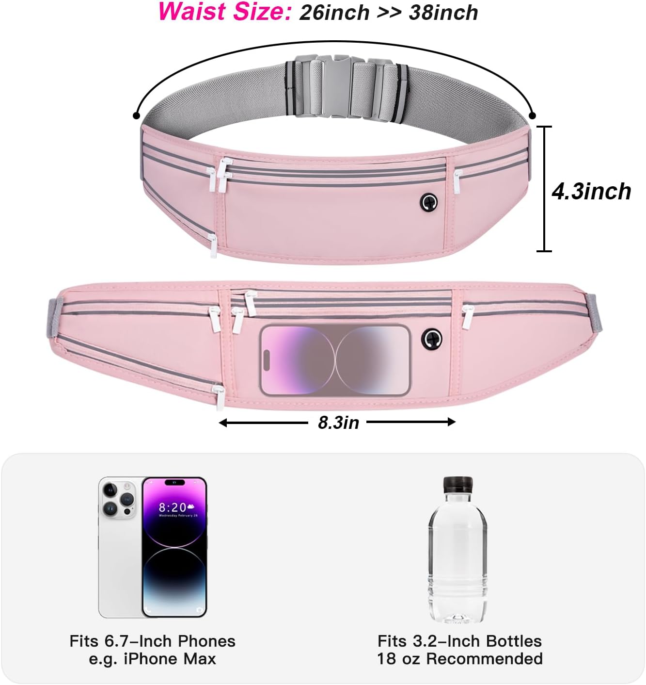 Skiennix Slim Running Belt - Lightweight Fanny Pack with 3 Pockets for Phones & Essentials | Jet Pink