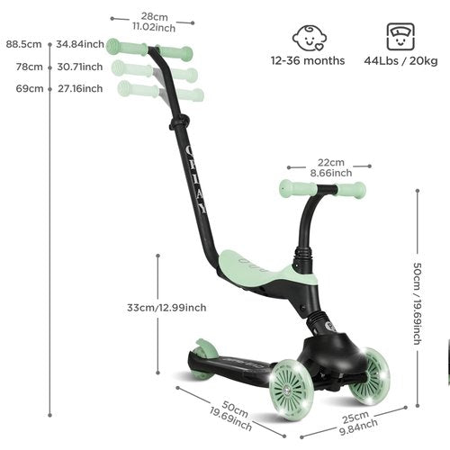 QPlay Toddler Scooter Ages 1 to 6 | Up to 110 Lbs | Kick Scooter with Adjustable Push Handle Height, Lights on Deck & 3 Wheels, Kids Ages 2 to 5 Boys & Girls Gifts (Violet) (Green)