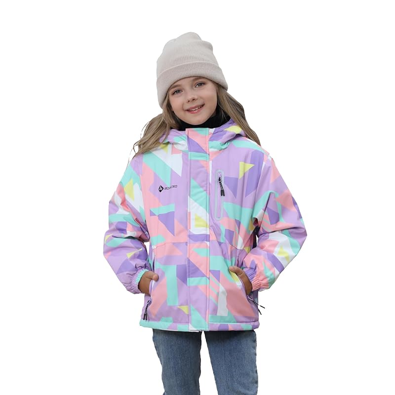 Girls' Waterproof Winter Ski Jacket – Fleece Lined Hooded Snow Coat, Cube Purple+13-14