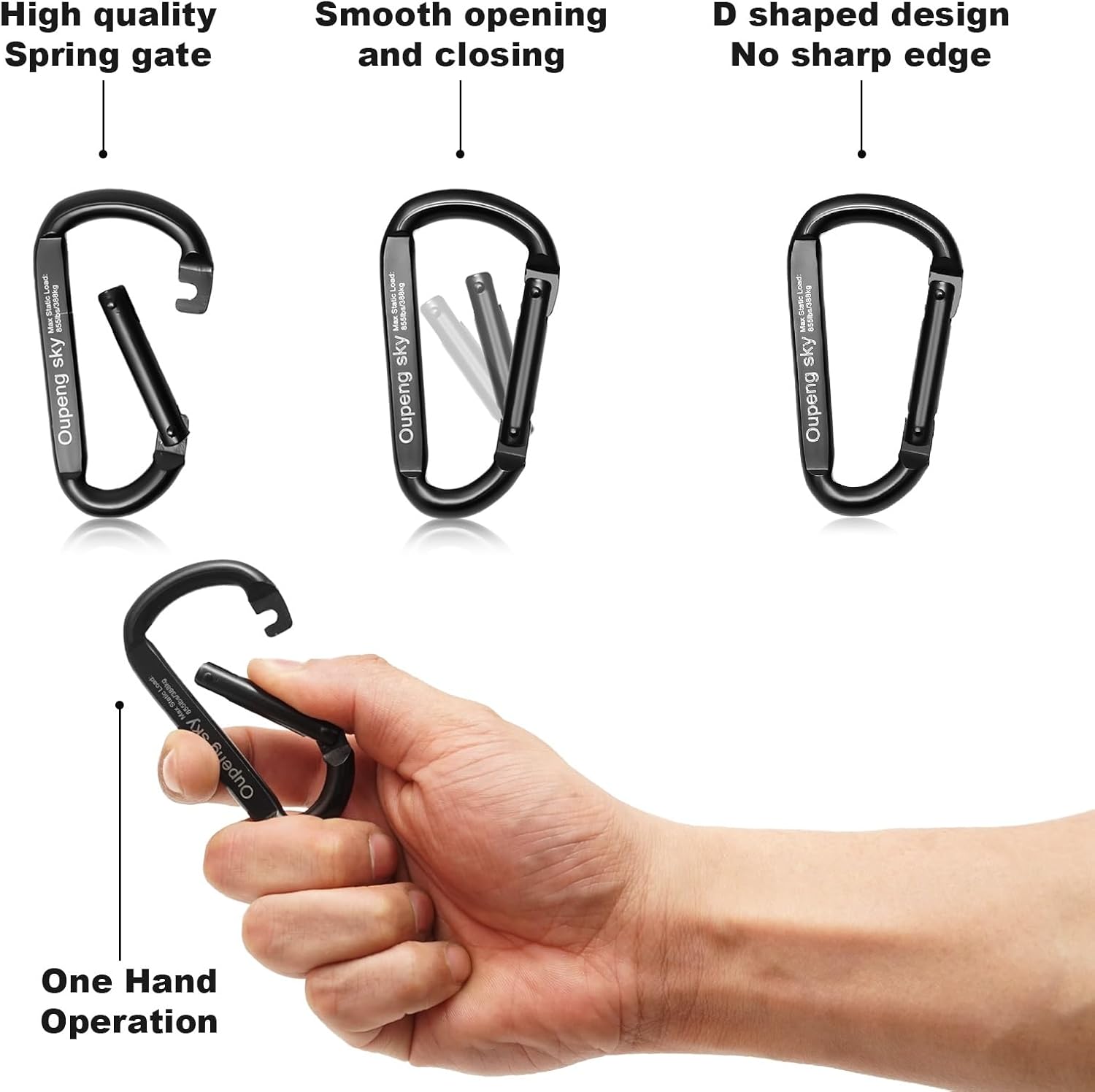 Skiennix Heavy Duty Carabiner Clip - 855lbs Strength | 3" D-Ring for Camping, Hiking, Outdoors, Gym, Black