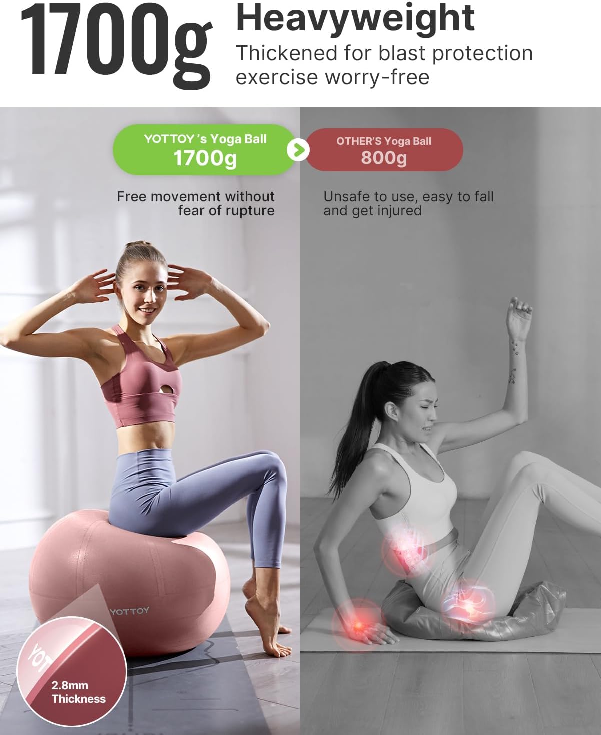 YOTTOY Anti-Burst Exercise Ball - Extra Thick Yoga & Fitness Ball for Pregnancy & Physical Therapy